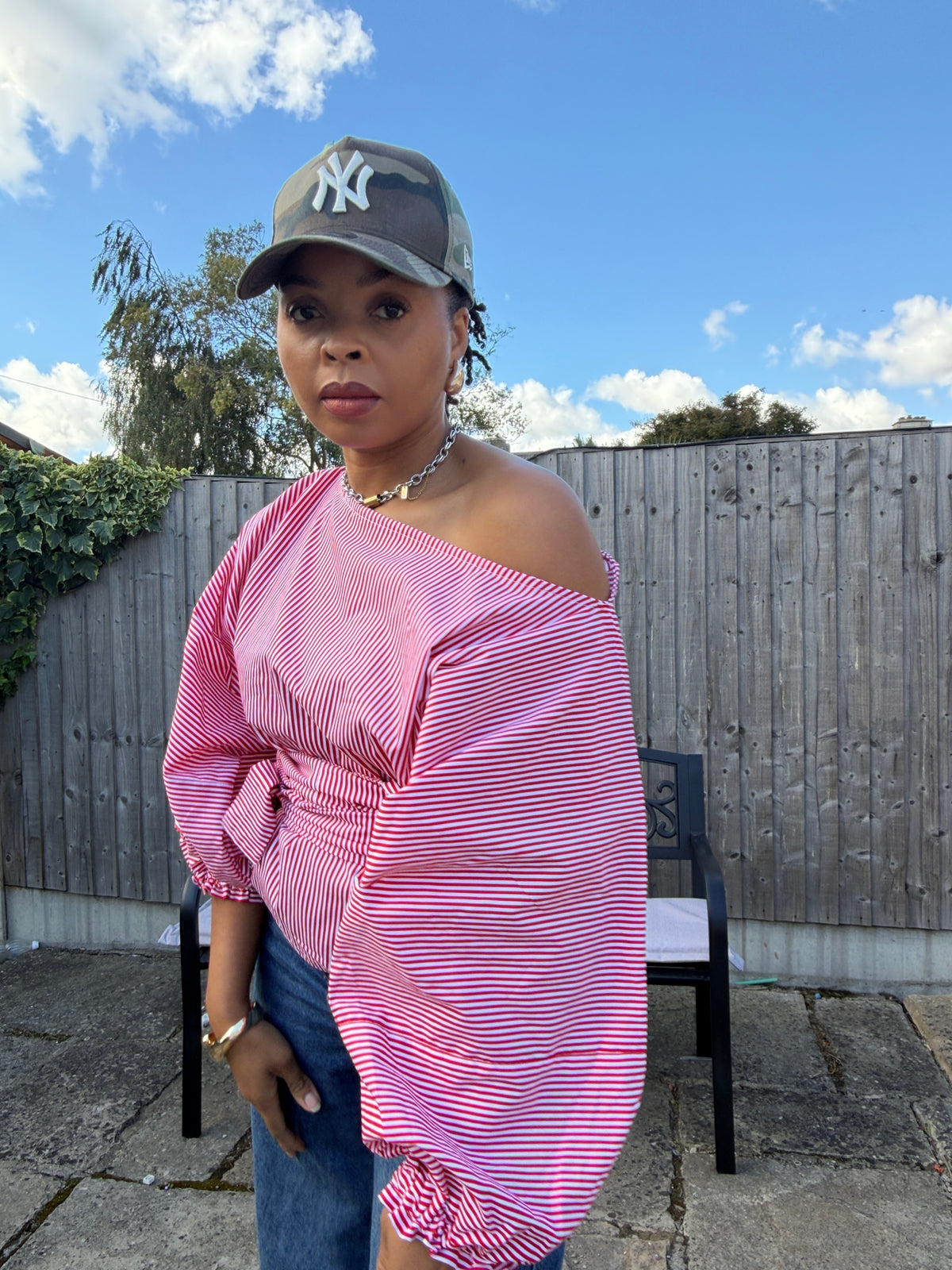 Red and white stripe cotton poplin wrap blouse 2 sizes