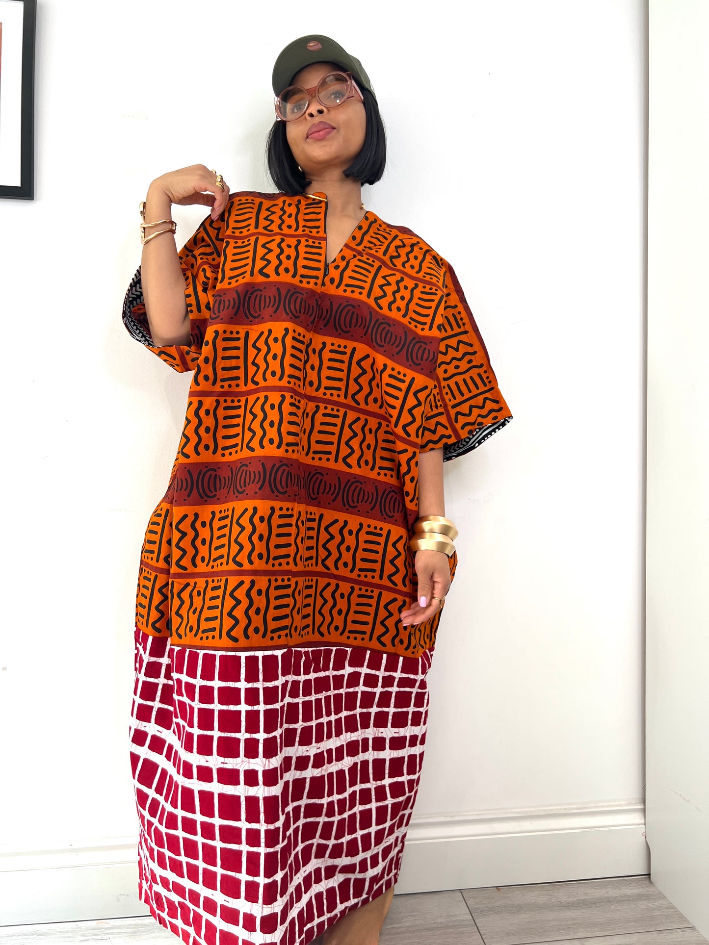 Patchwork Orange Bubu Kaftan Dress One size