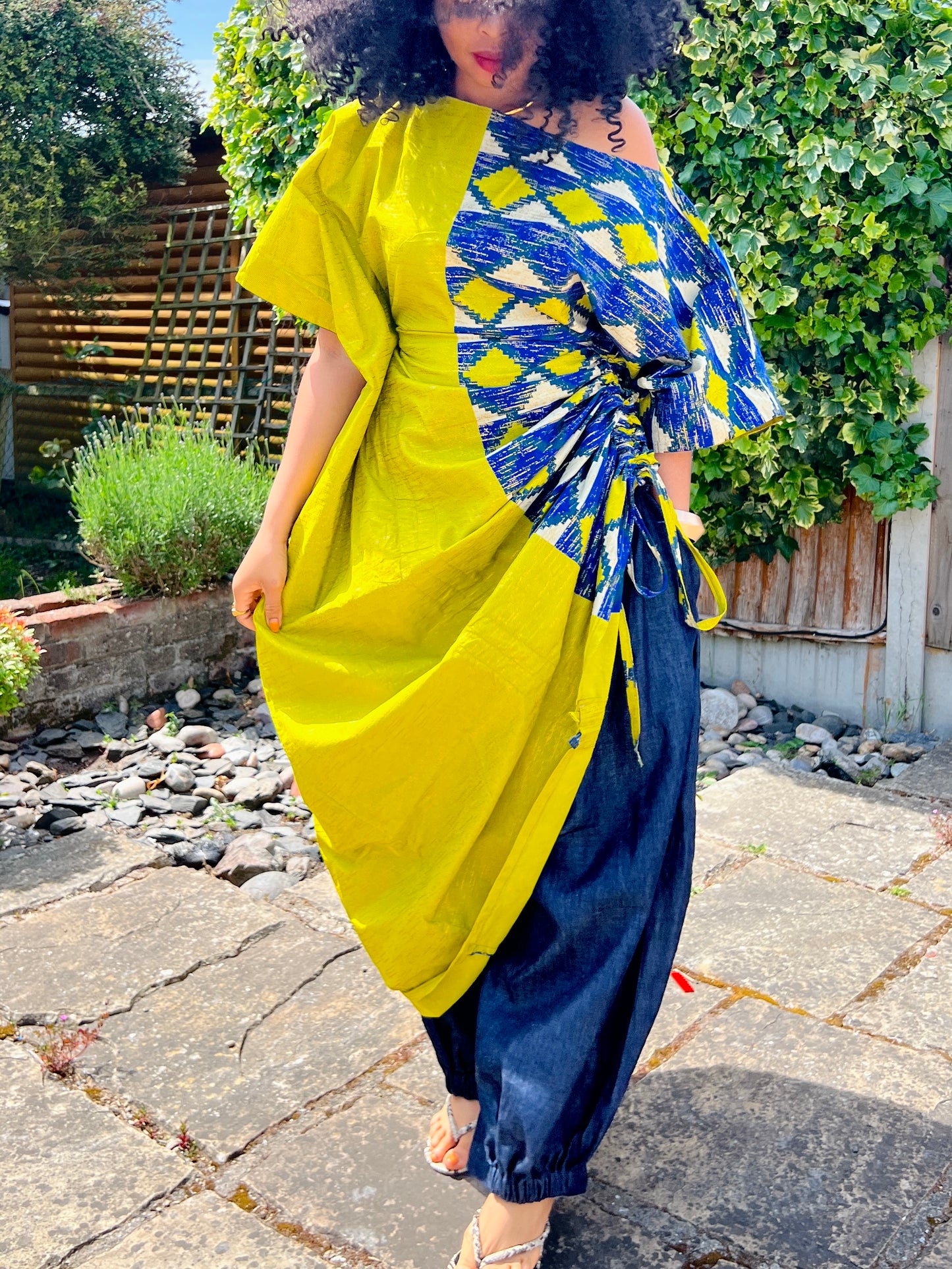 Embellished green and blue  drawstring bubu dress one size
