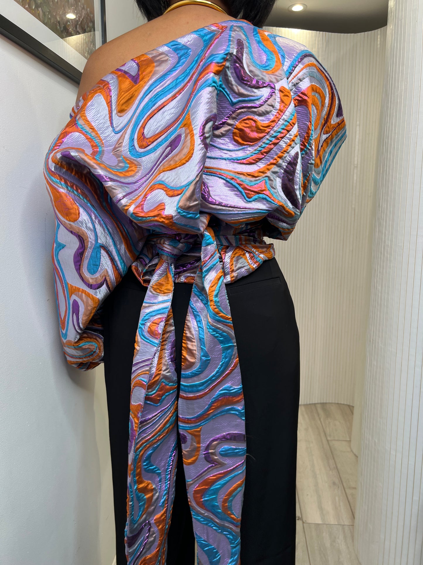 Lilac and orange organza brocade Jacquard Asymmetric Balloon Sleeve Blouse