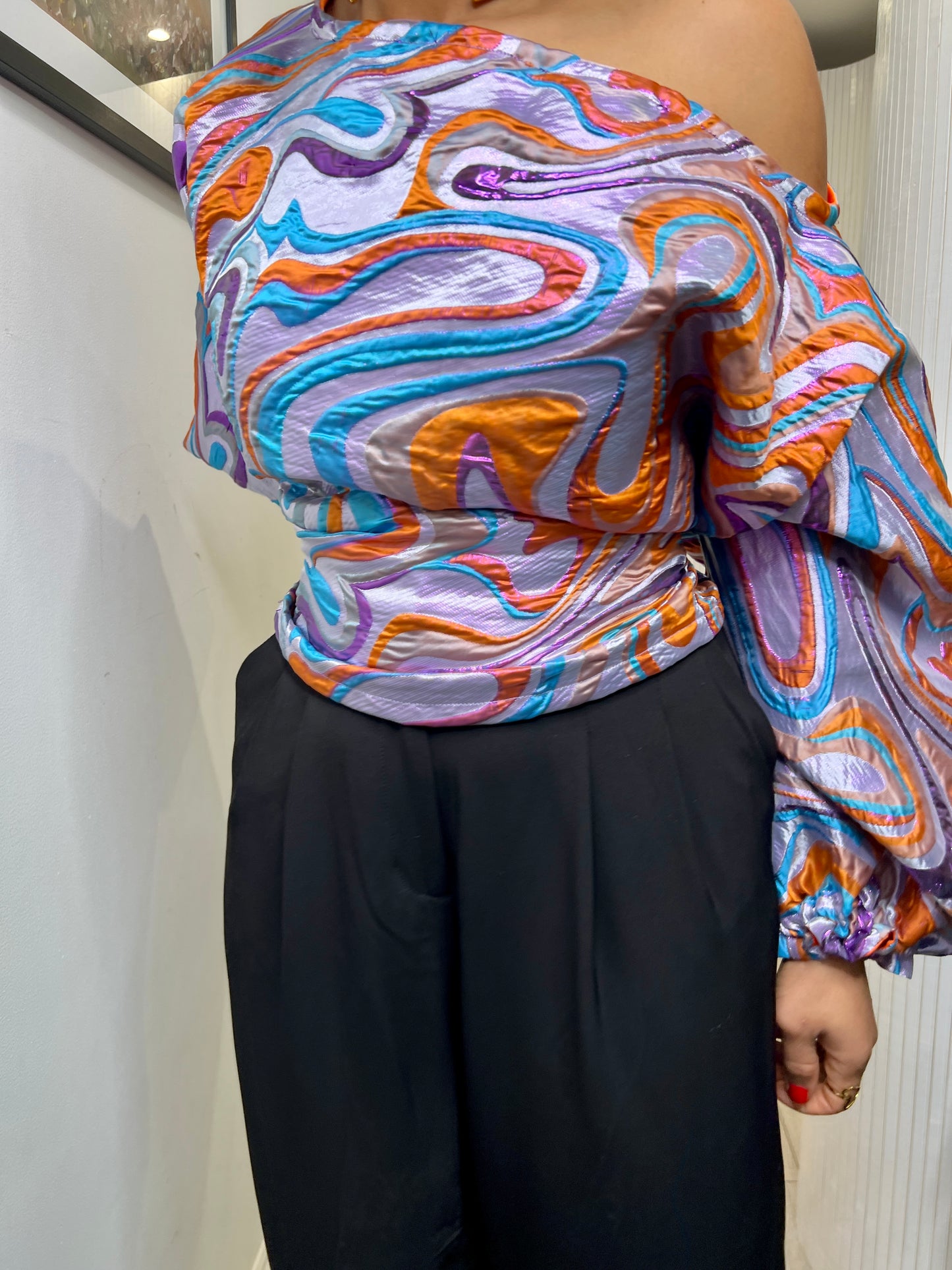 Lilac and orange organza brocade Jacquard Asymmetric Balloon Sleeve Blouse