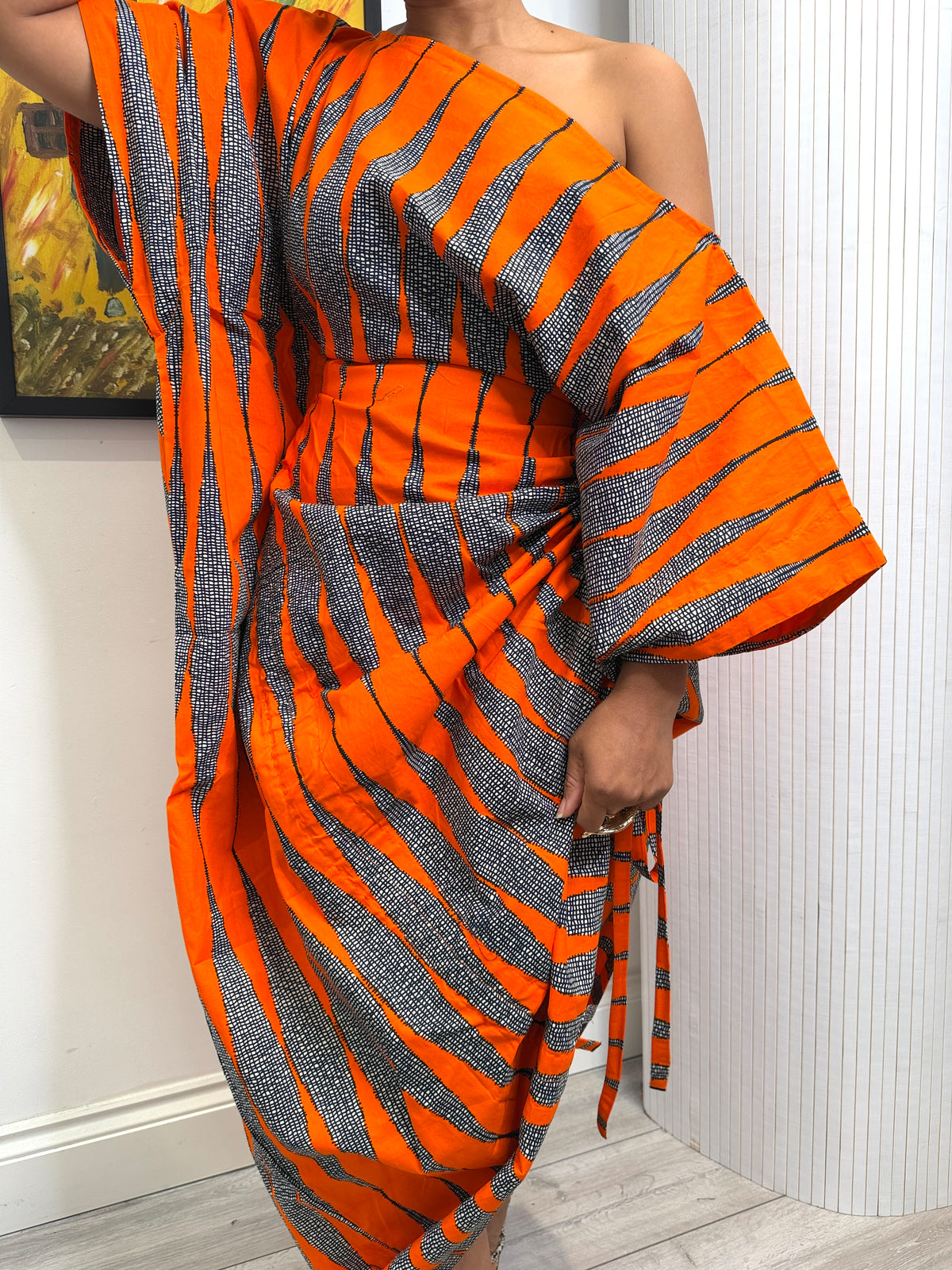 Orange white  cotton Ankara drawstring dress One size