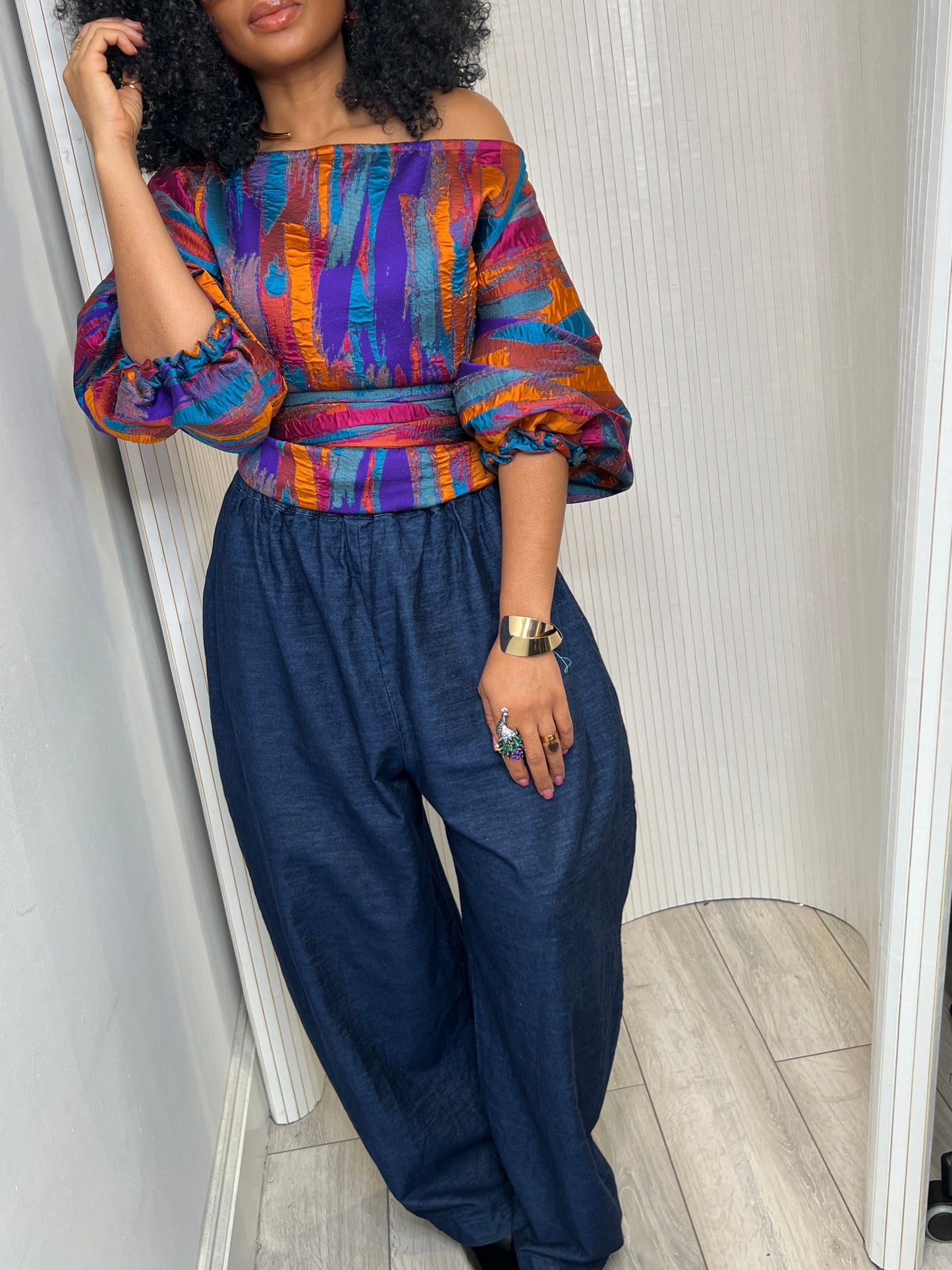 Multi metallic Jacquard Asymmetric Balloon Sleeve Blouse