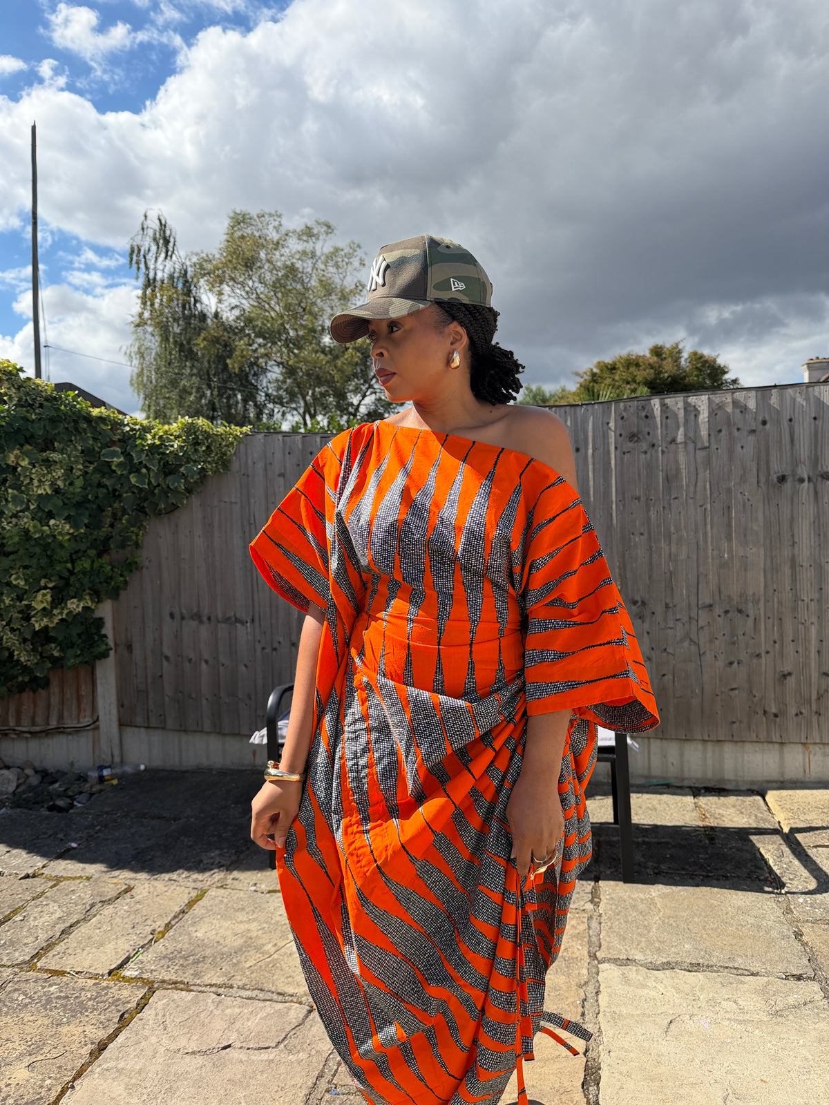 Orange white  cotton Ankara drawstring dress One size
