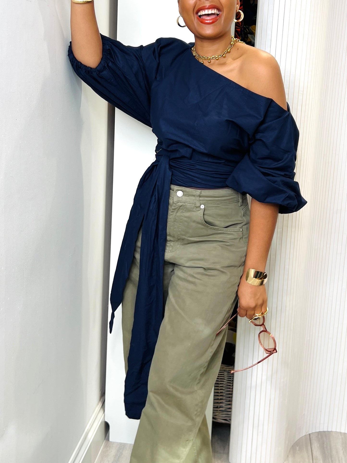 PREORDER 2 WEEKS- Navy blue off-Shoulder Crop Top: Asymmetric Balloon Sleeve Blouse size 1 UK 8-14