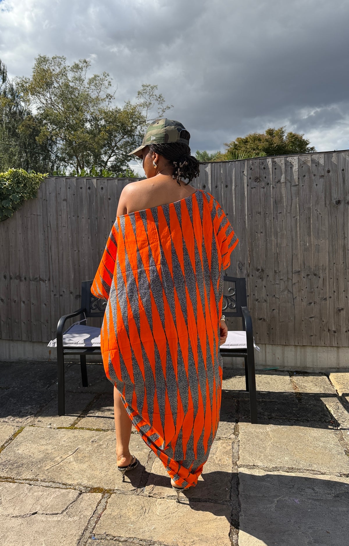 Orange white  cotton Ankara drawstring dress One size