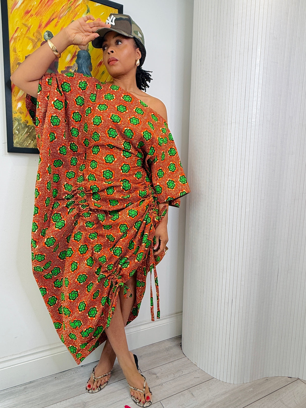 Orange patterned cotton Ankara drawstring dress One size