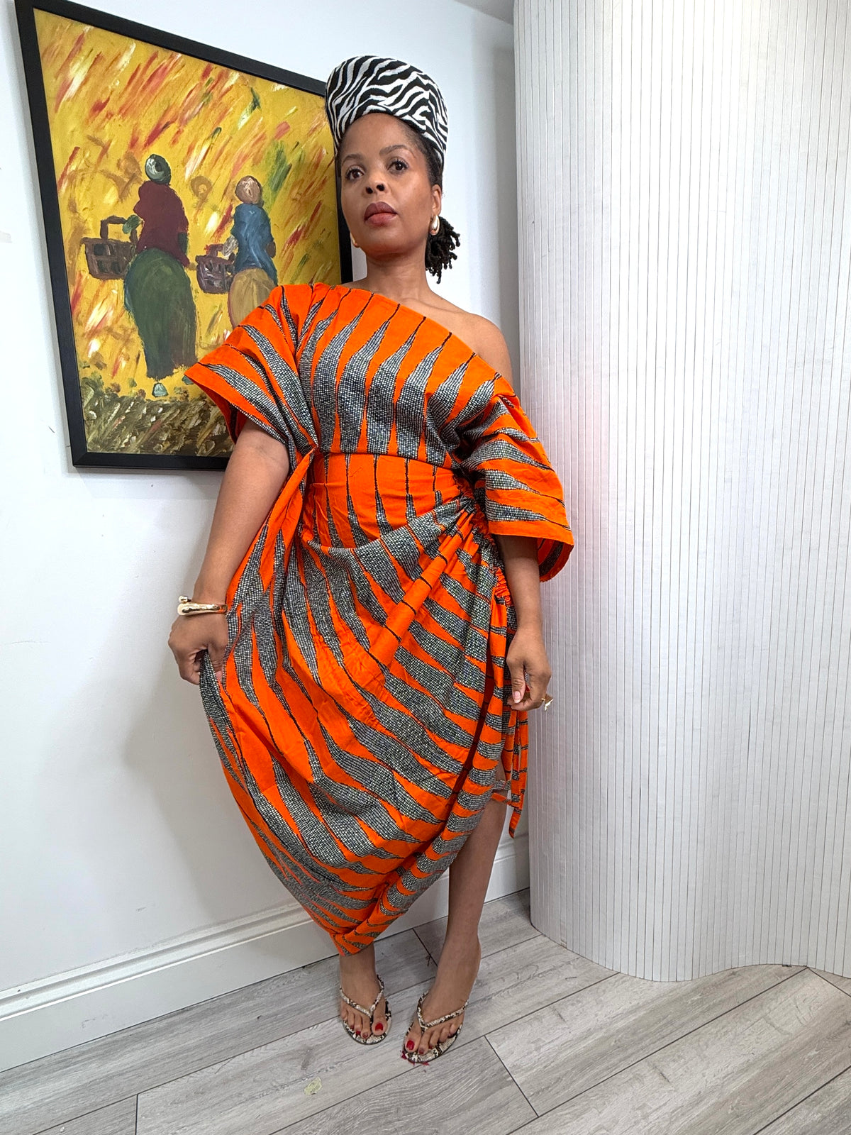 Orange white  cotton Ankara drawstring dress One size