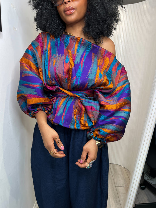 Multi metallic Jacquard Asymmetric Balloon Sleeve Blouse