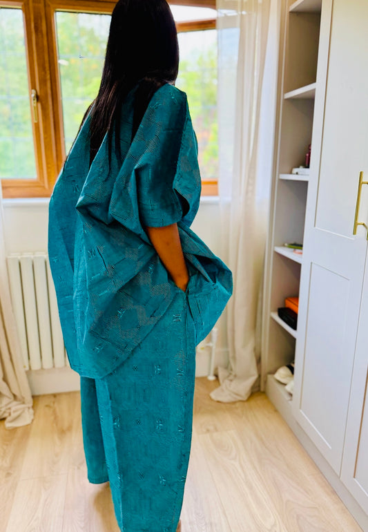 Teal Ankara Kaftan Pants Set: African Agbada Tunic Co-ord