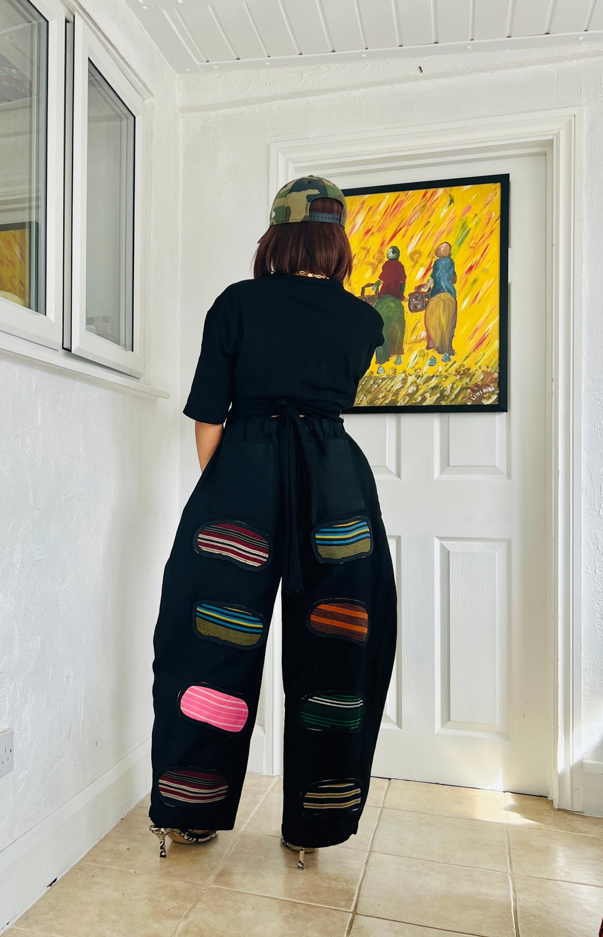 Hand patched asooke black denim barrel trousers UK size 1 8-14- One of a kind