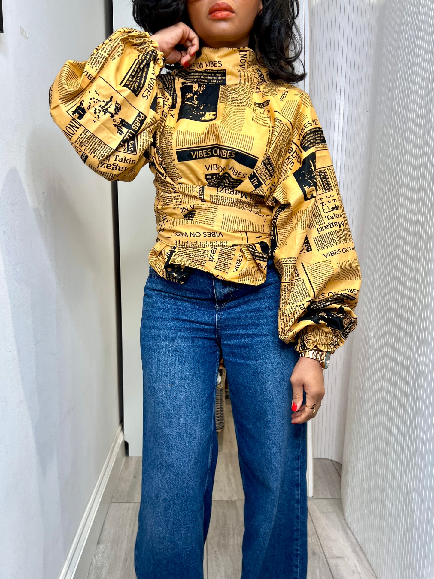 Newspaper high tie neck wrap top UK size 1 8-14