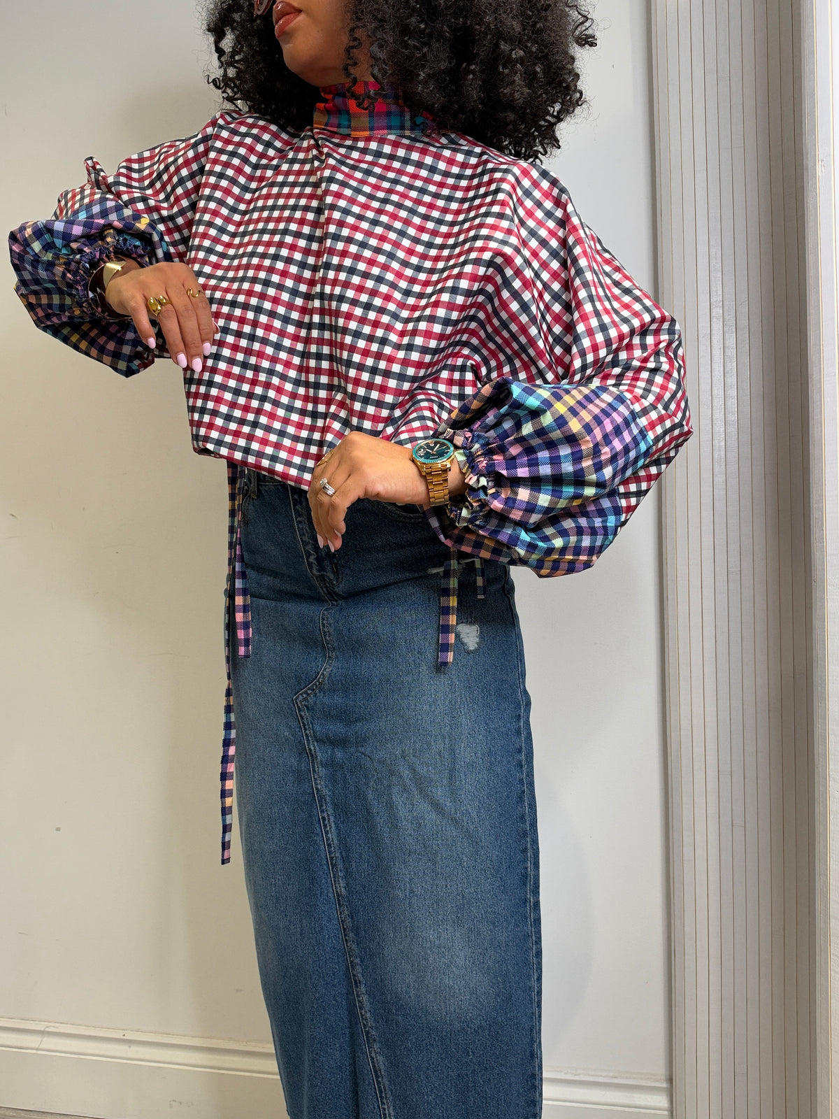 Patchwork drawstring blouse. Size 1 UK8-14