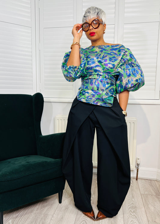 Blue green leopard metallic Jacquard Asymmetric Balloon Sleeve Blouse