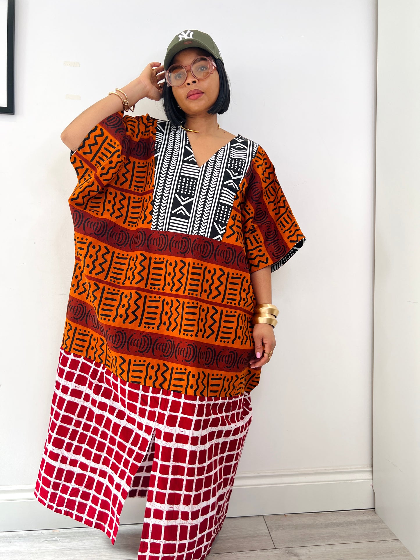 Patchwork Orange Bubu Kaftan Dress One size