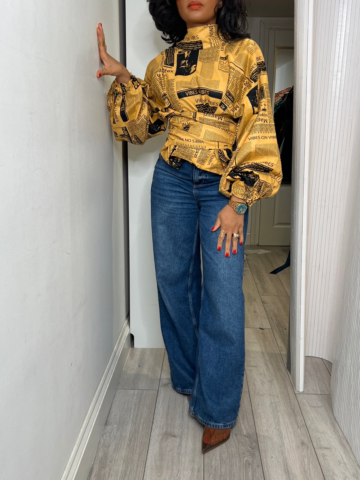 Newspaper high tie neck wrap top UK size 1 8-14