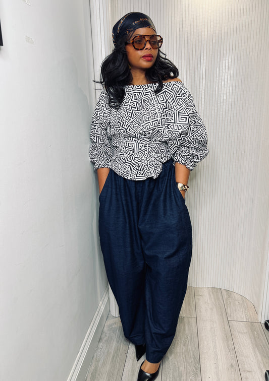 Black white top: Asymmetric Balloon Sleeve Blouse