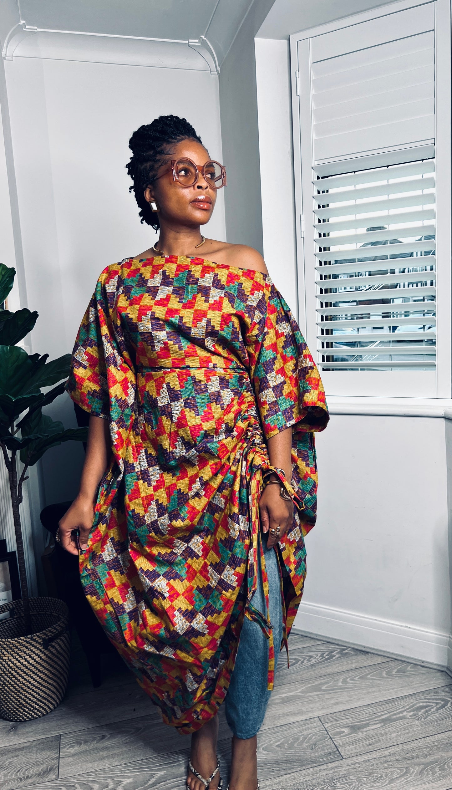 Kente inspired print multi coloured Maxi Kaftan Dress | One size