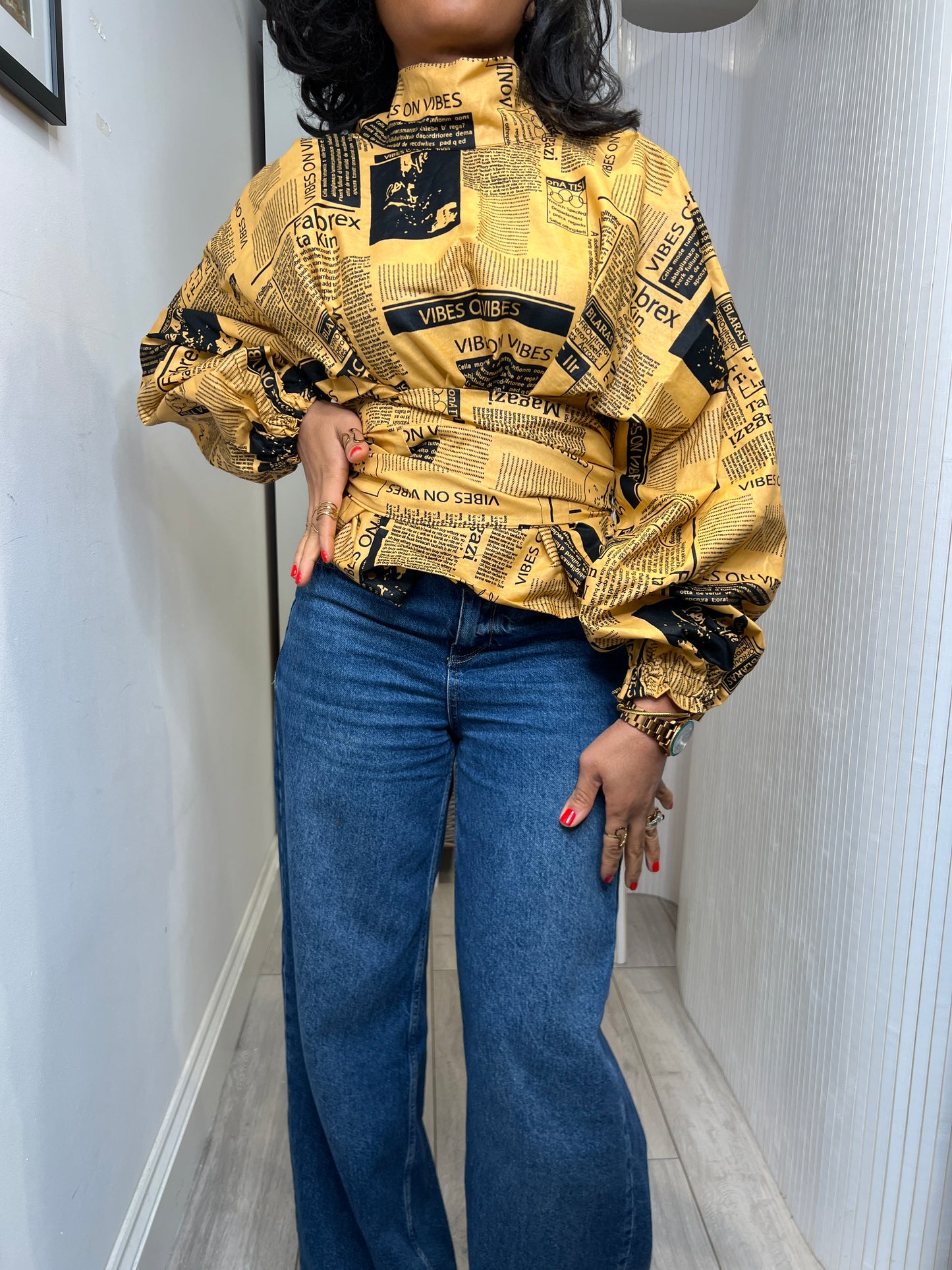 Newspaper high tie neck wrap top UK size 1 8-14