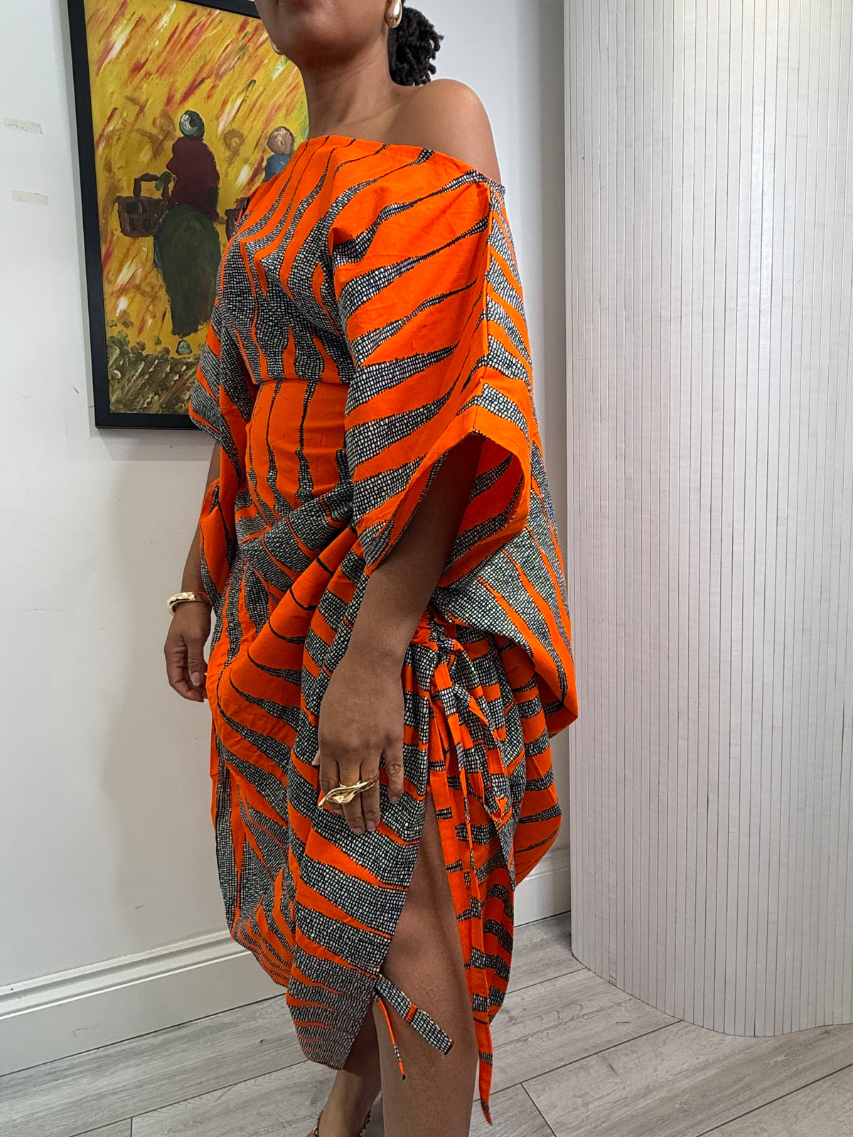 Orange white  cotton Ankara drawstring dress One size