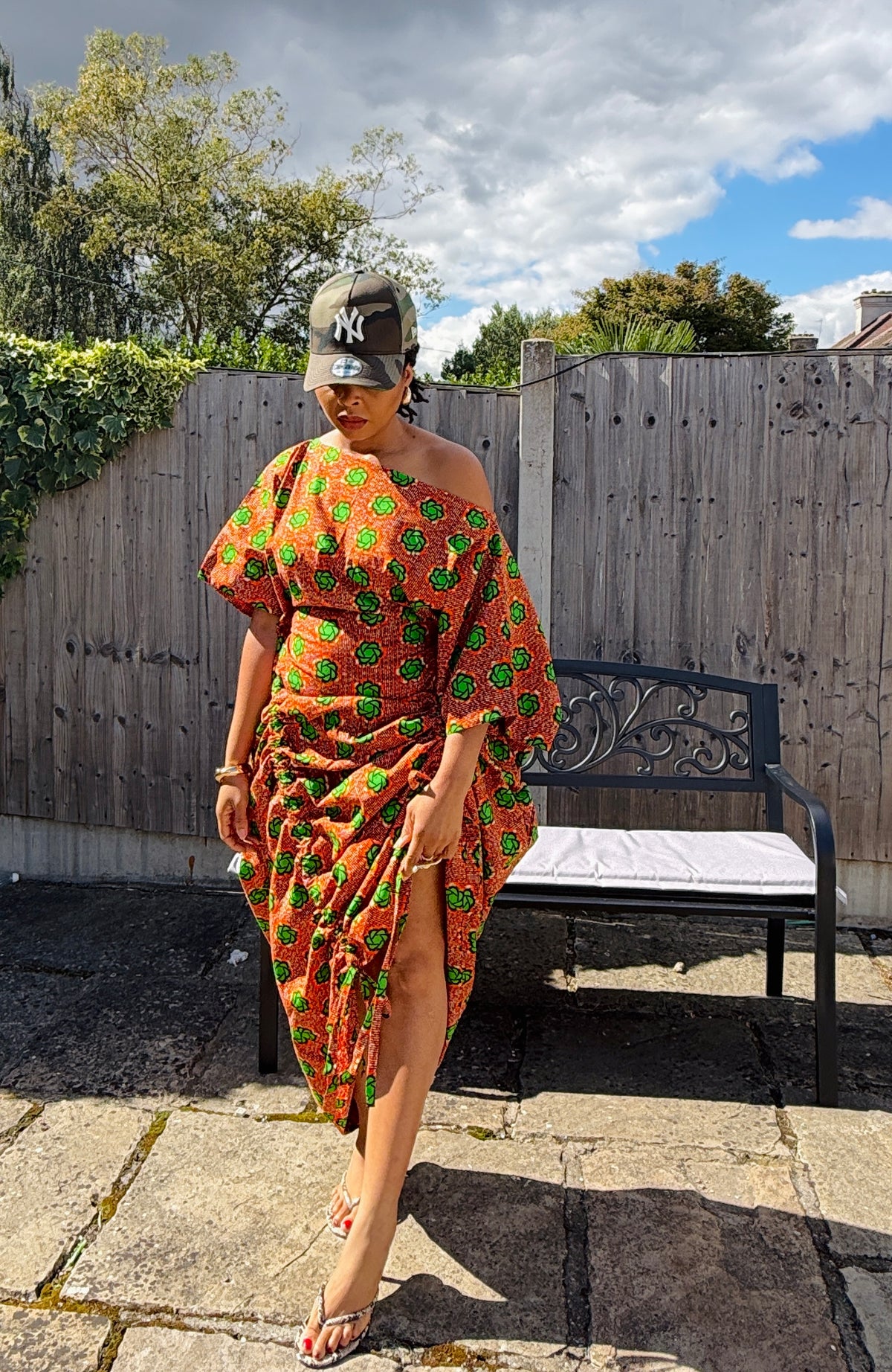 Orange patterned cotton Ankara drawstring dress One size