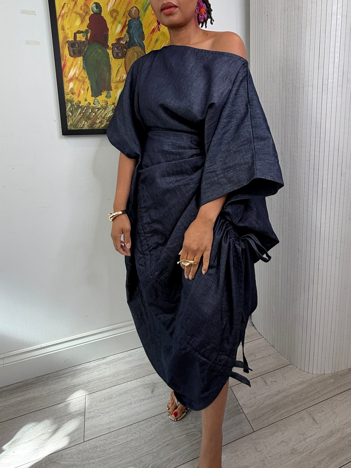 Mid weight Cotton blend denim drawstring dress one size