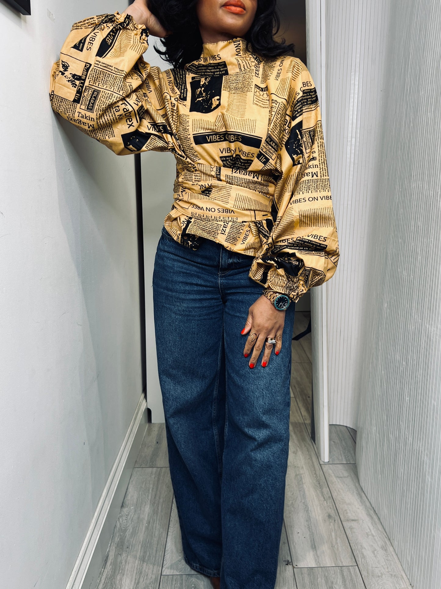 Newspaper high tie neck wrap top UK size 1 8-14