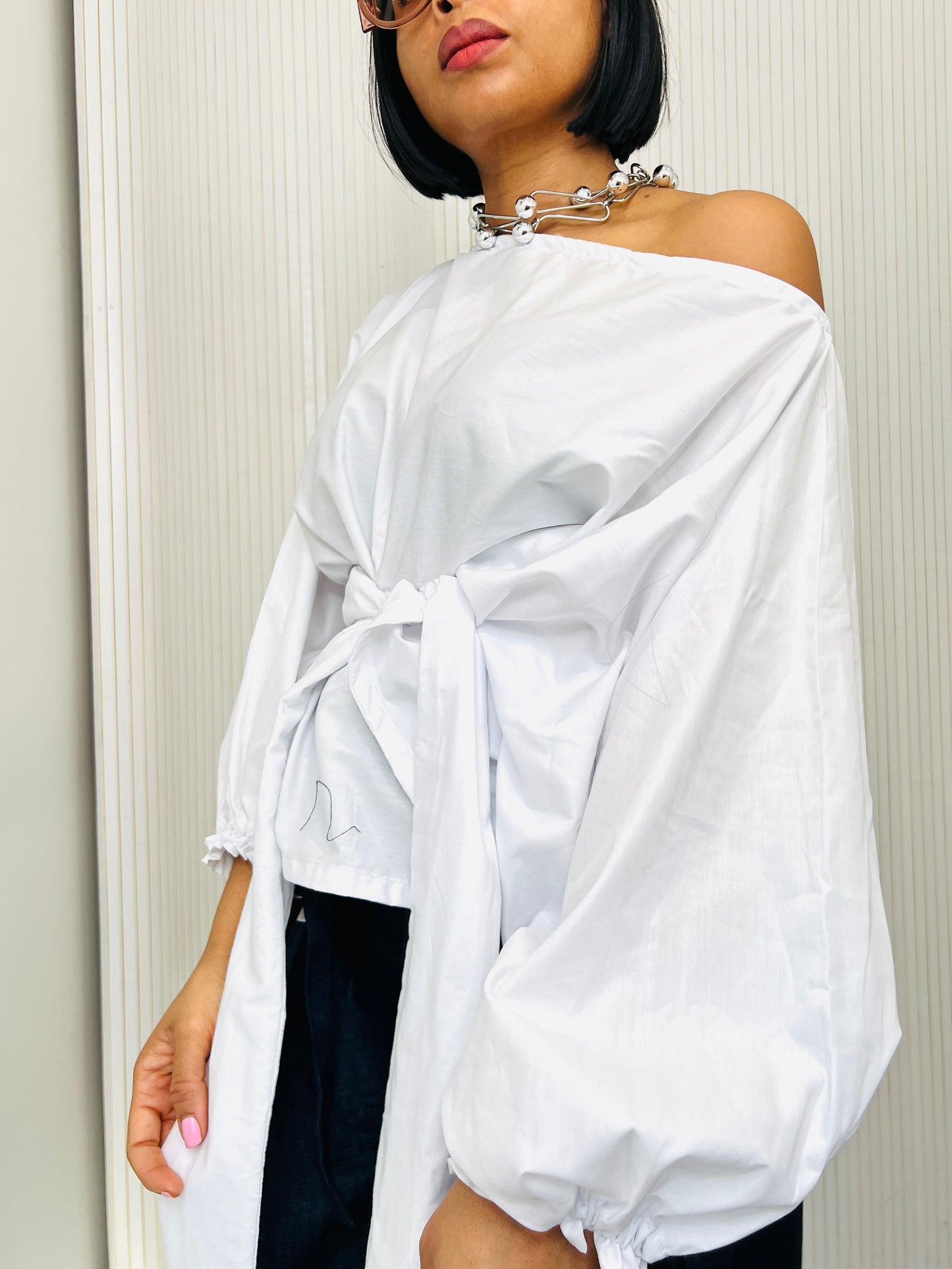 White cotton poplin Baloon wrap top one size UK 8-14/16