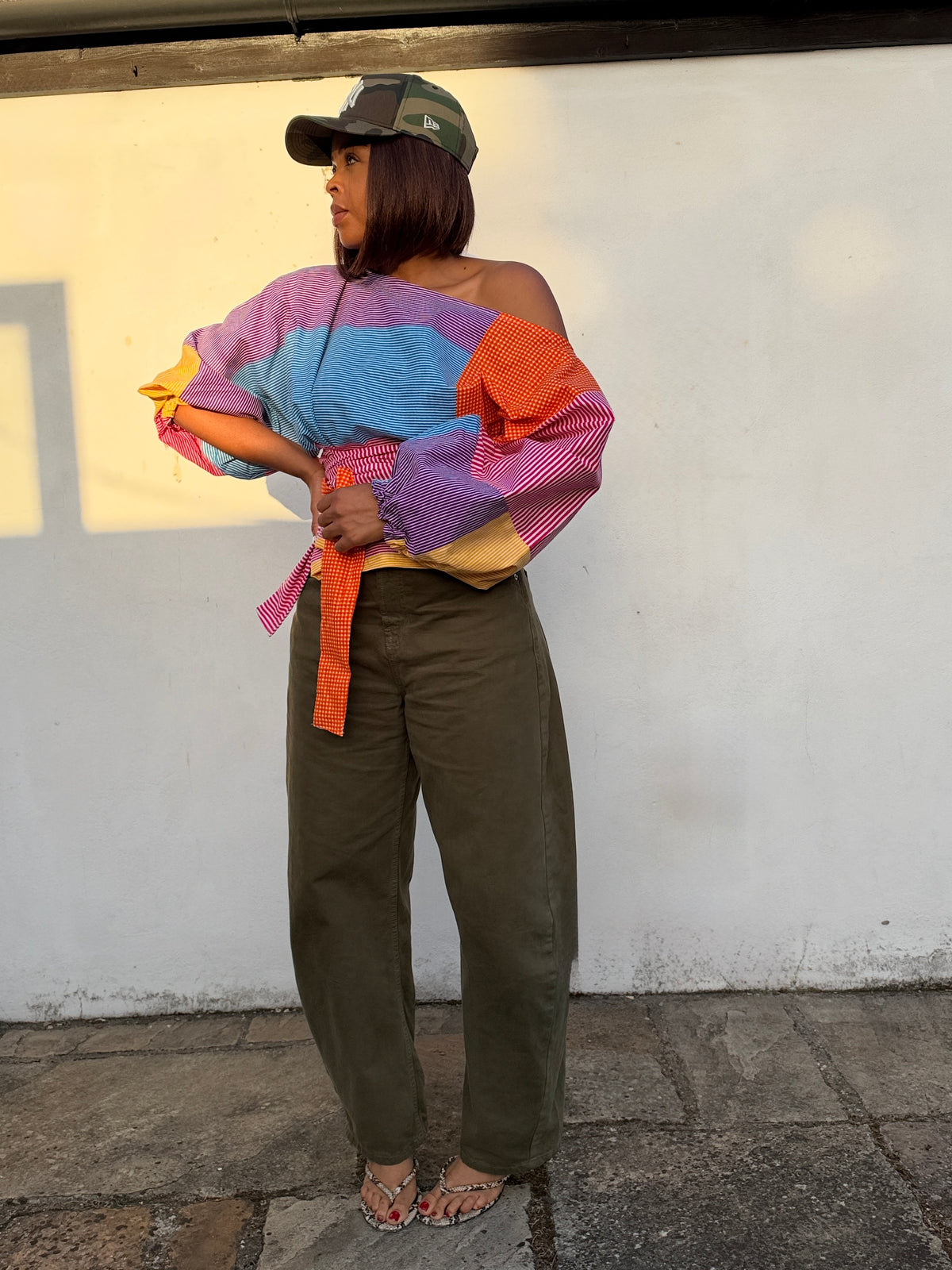 Multicoloured stripe cotton poplin wrap blouse 2 sizes