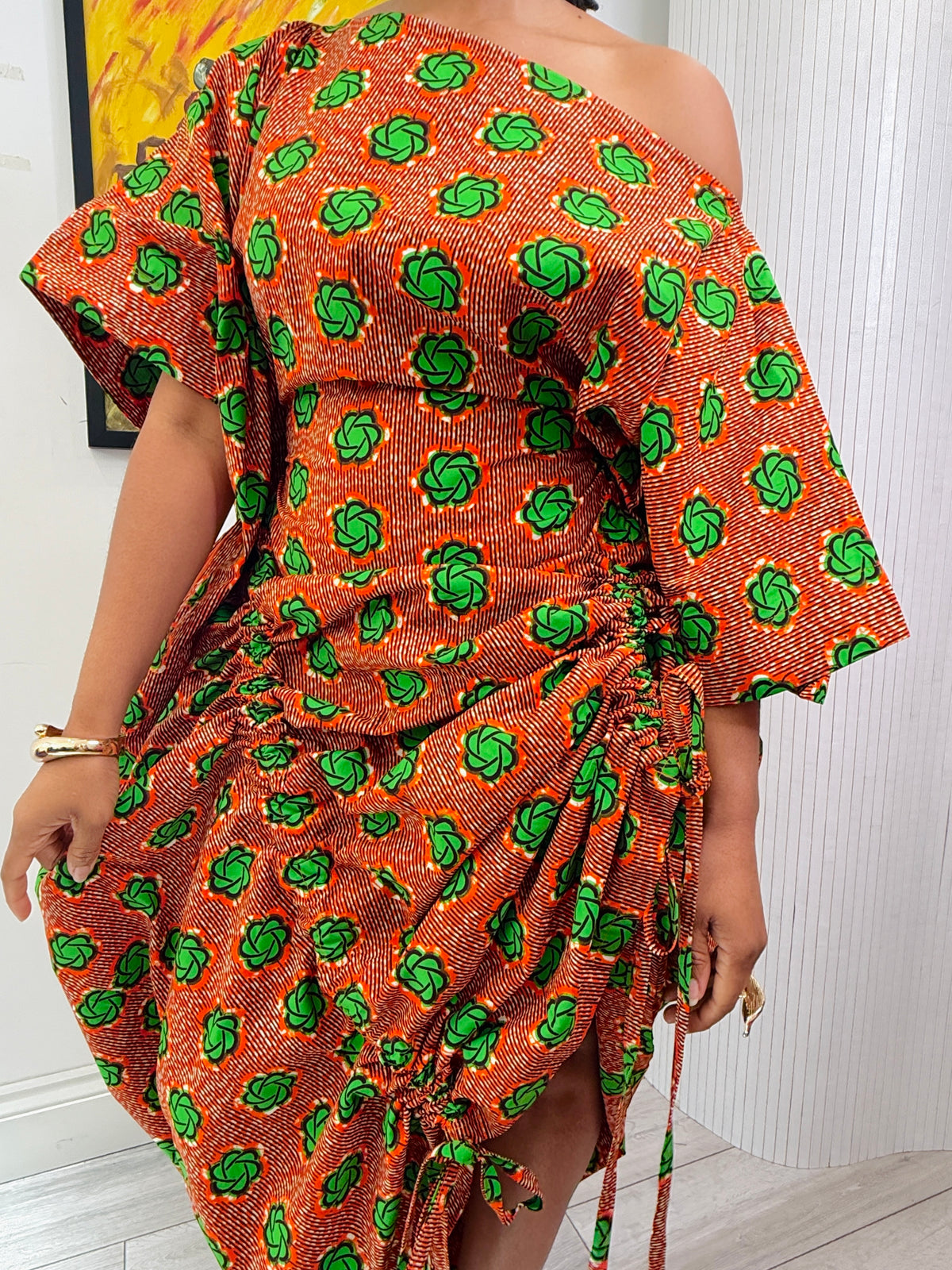 Orange patterned cotton Ankara drawstring dress One size