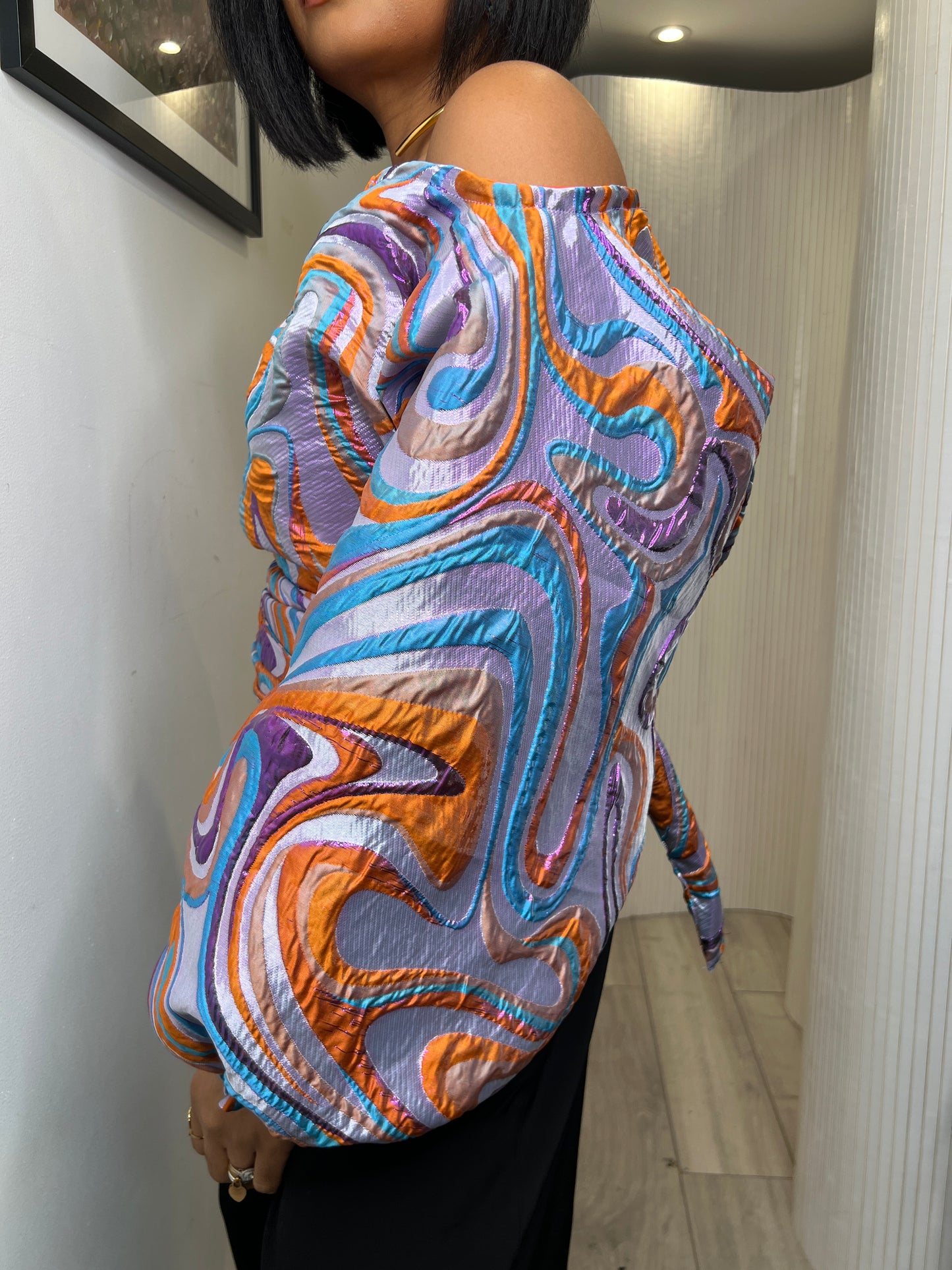 Lilac and orange organza brocade Jacquard Asymmetric Balloon Sleeve Blouse