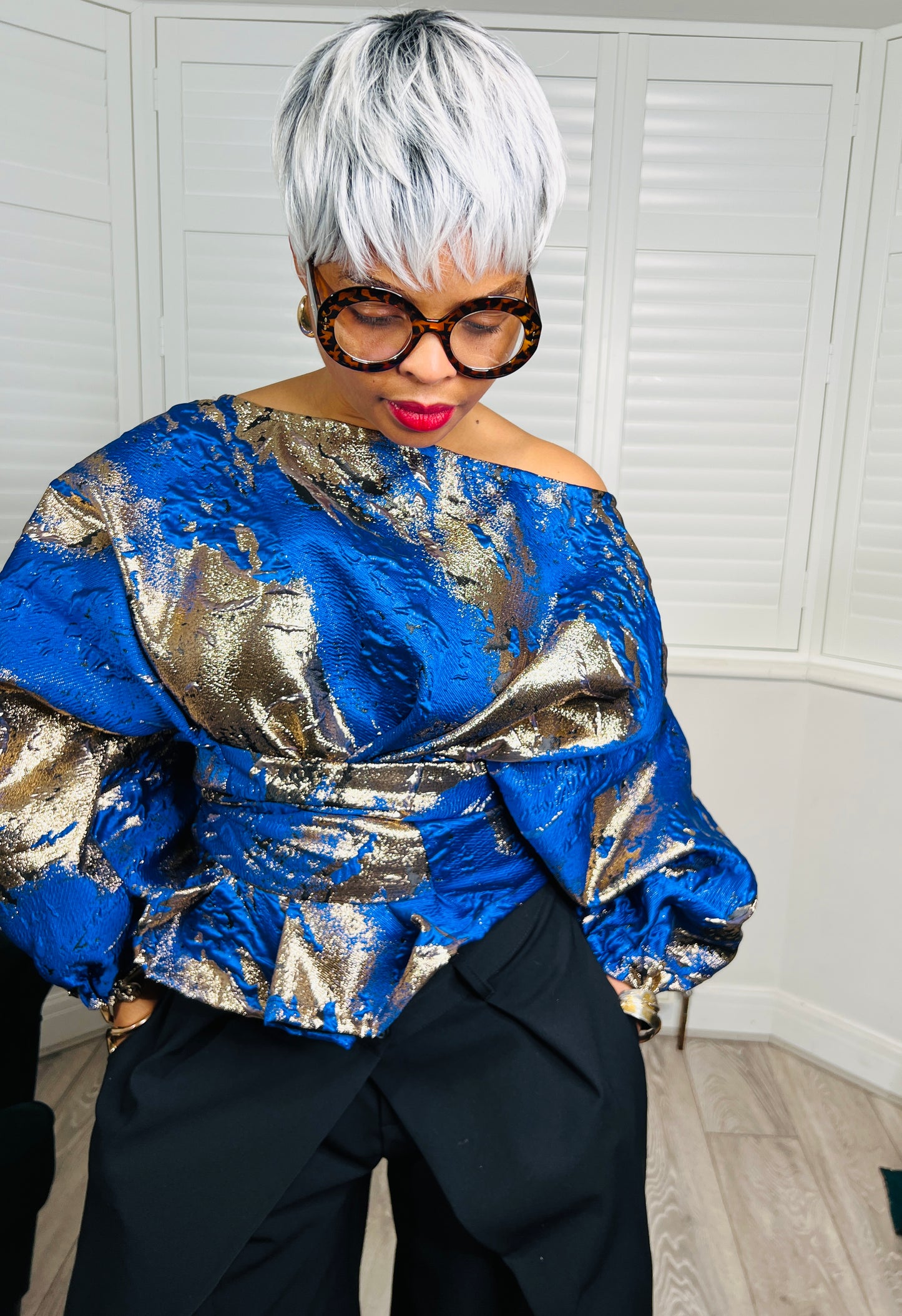 Blue and gold metallic Jacquard Asymmetric Balloon Sleeve Blouse