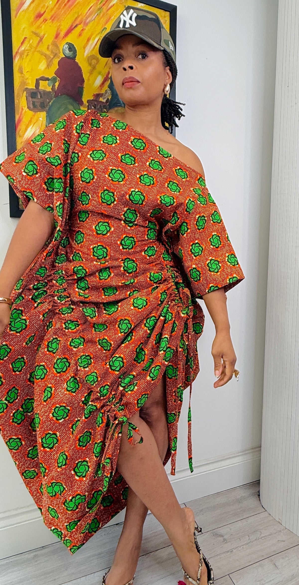 Orange patterned cotton Ankara drawstring dress One size