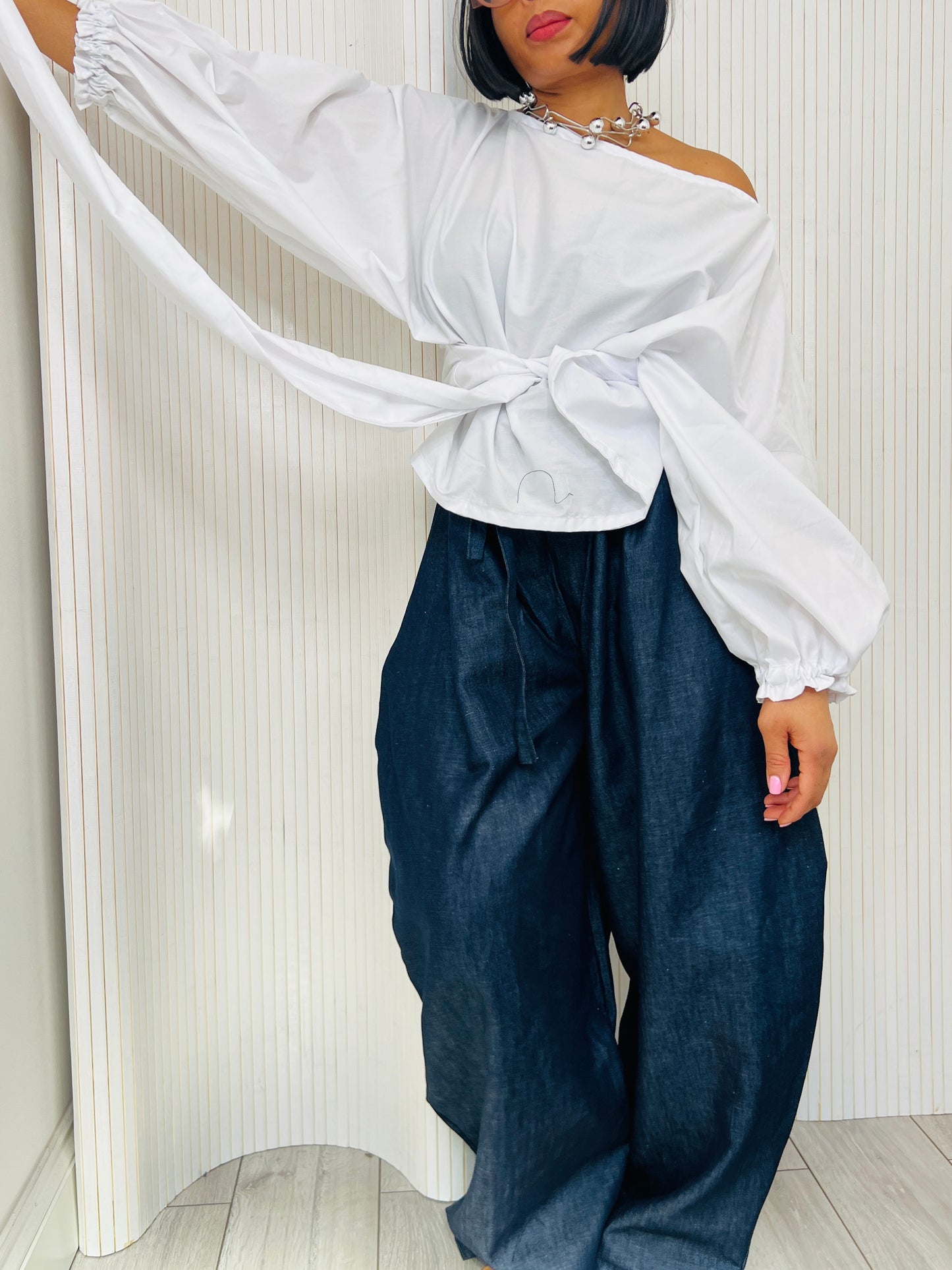 White cotton poplin Baloon wrap top one size UK 8-14/16