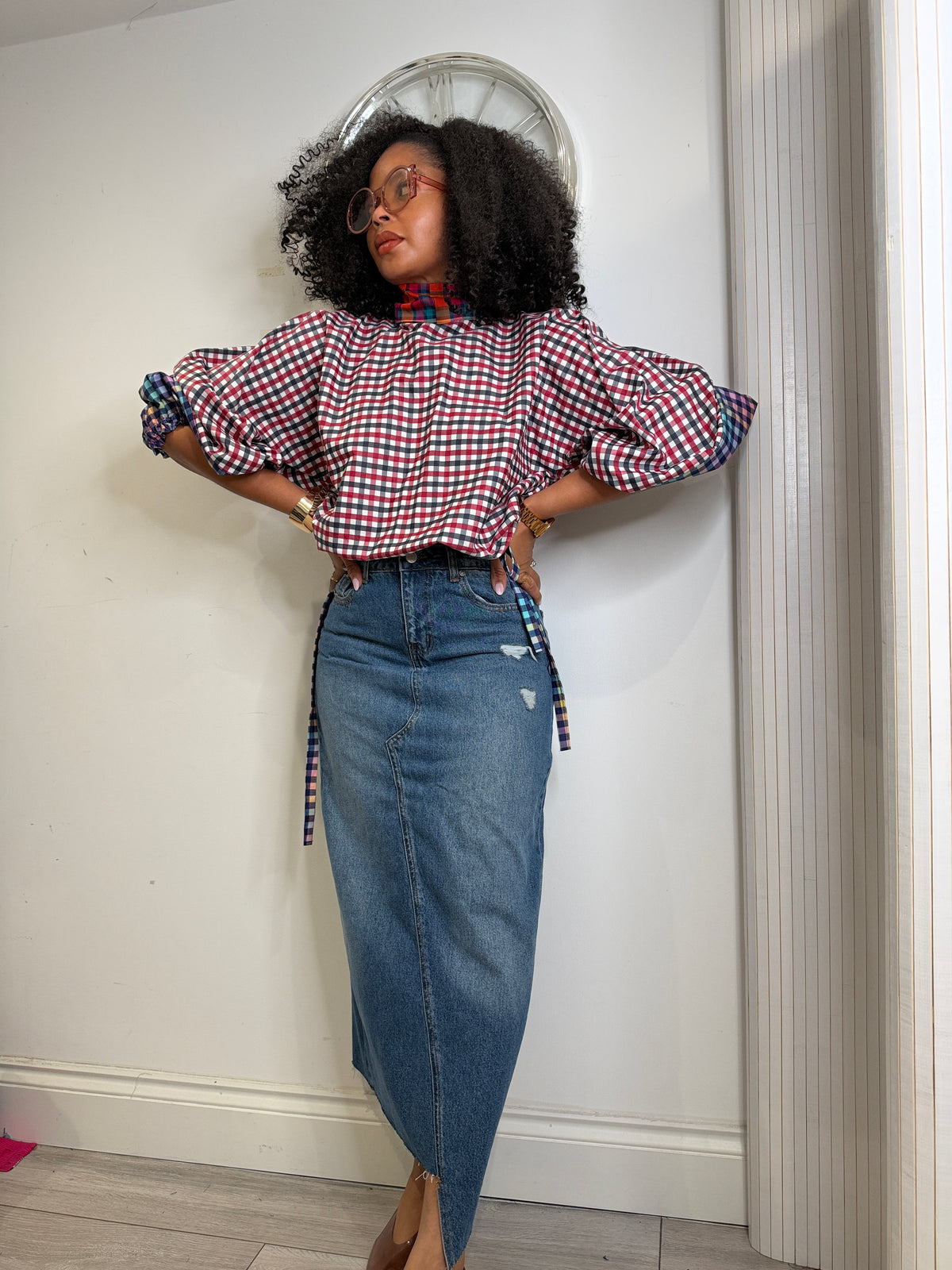 Patchwork drawstring blouse. Size 1 UK8-14