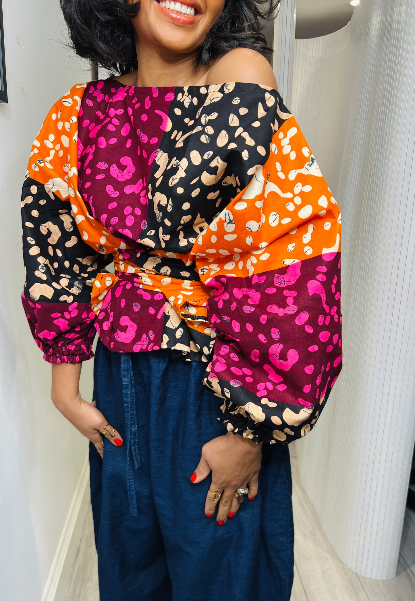 Orange Multi coloured animal print off shoulder tie waist wrap top