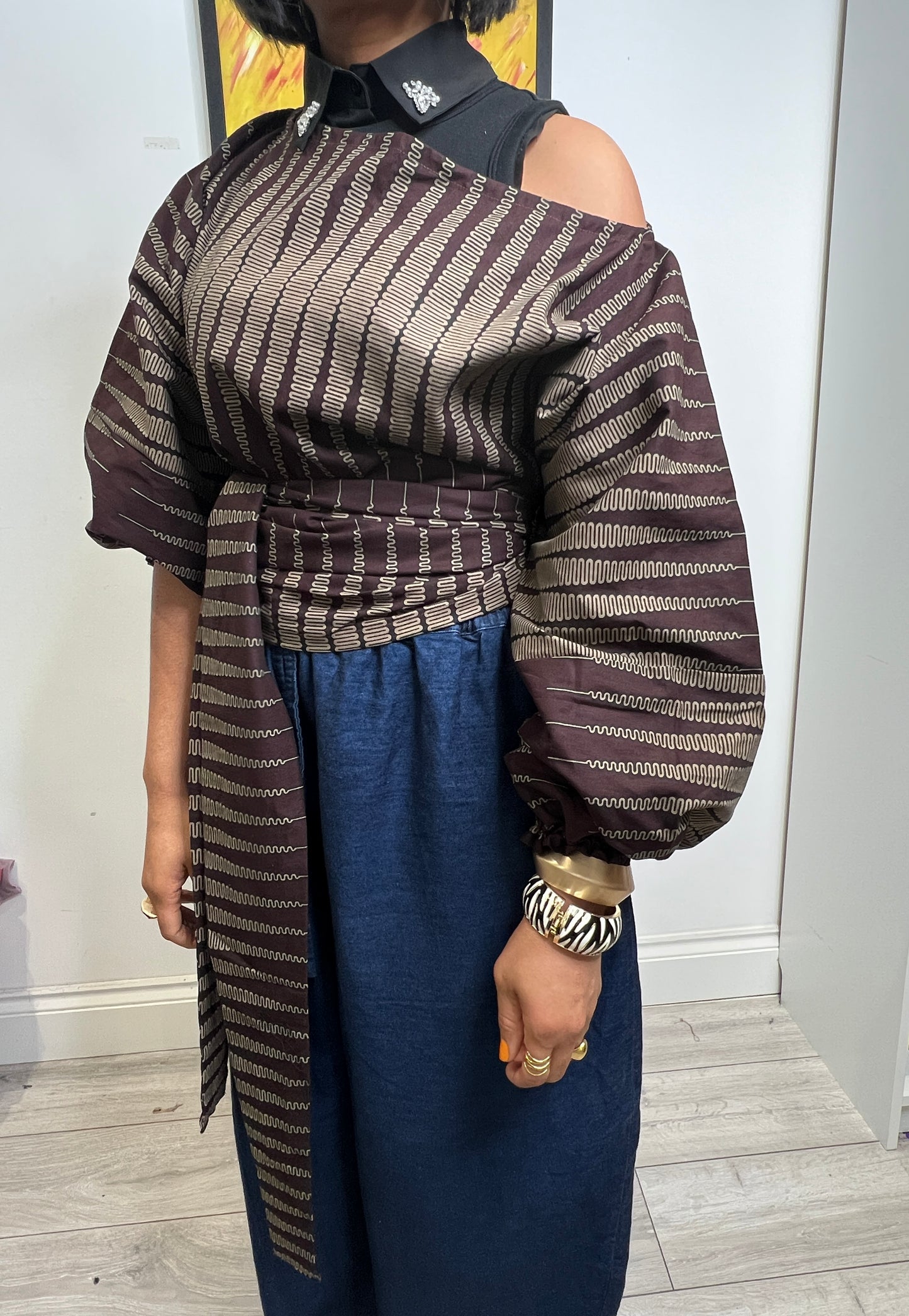 Brown and beige cotton Baloon wrap top one size UK 8-14/16