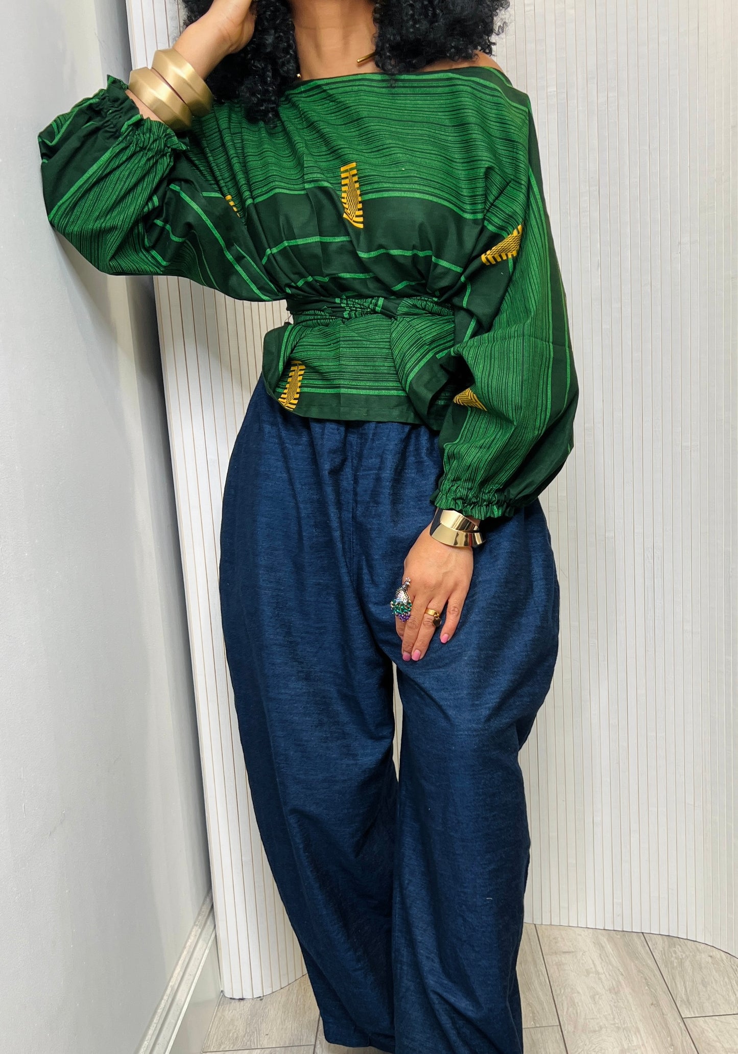 Dark green top: Asymmetric Balloon Sleeve Blouse