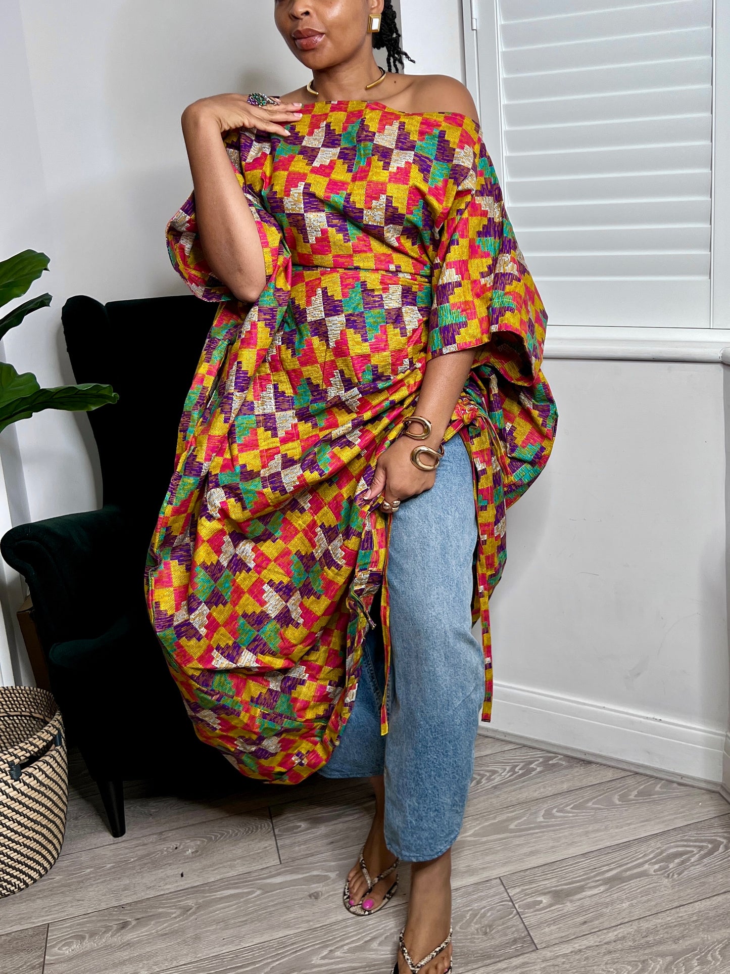 Kente inspired print multi coloured Maxi Kaftan Dress | One size