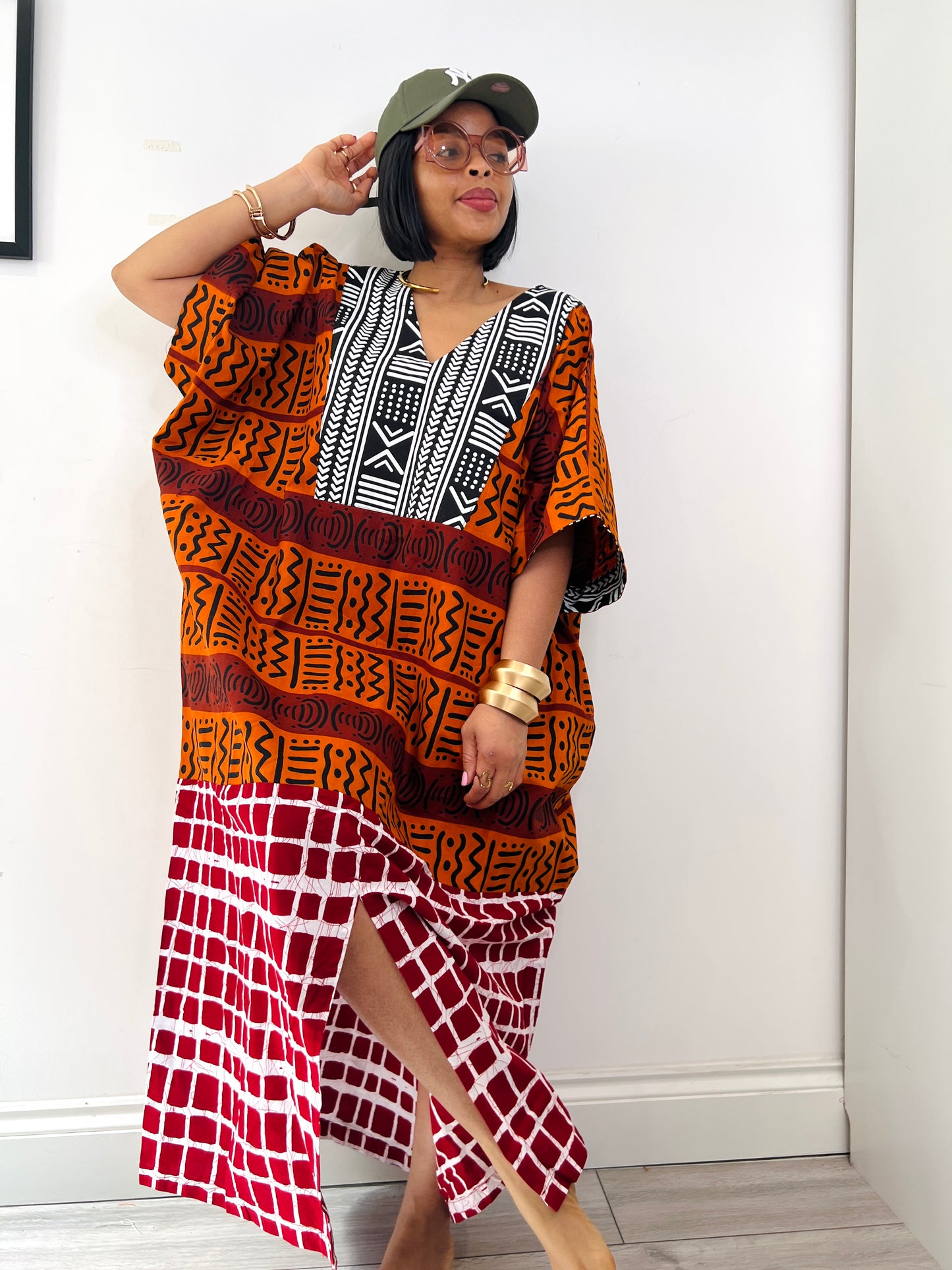 Patchwork Orange Bubu Kaftan Dress One size
