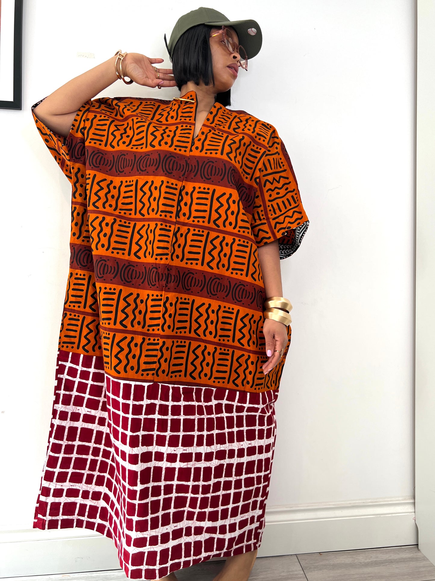 Patchwork Orange Bubu Kaftan Dress One size