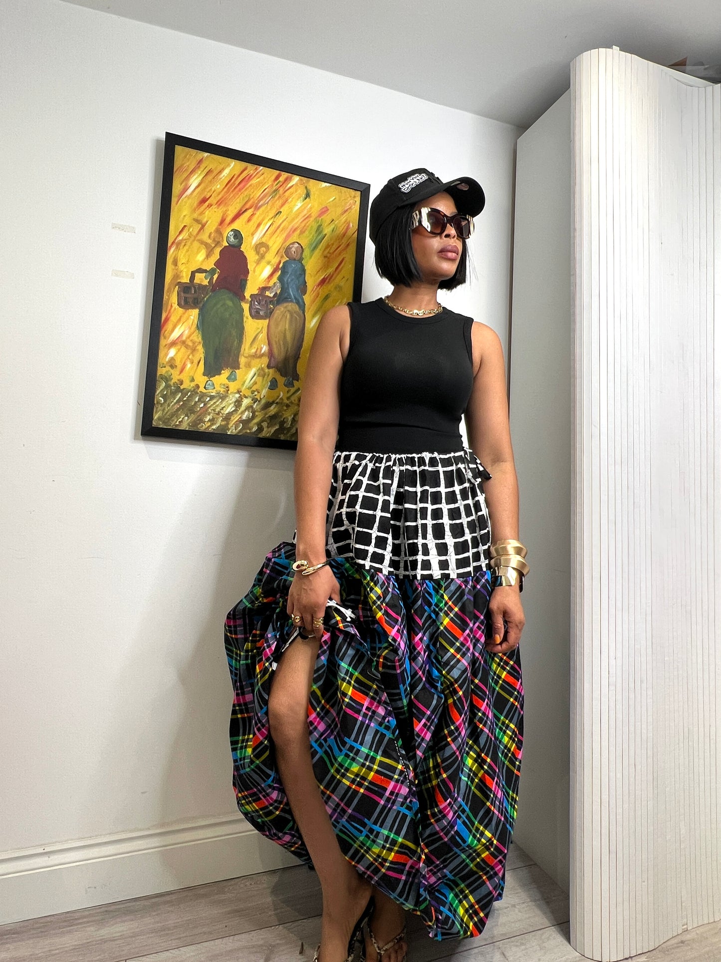 2 tone check drawstring skirt. One size fits up to UK 18
