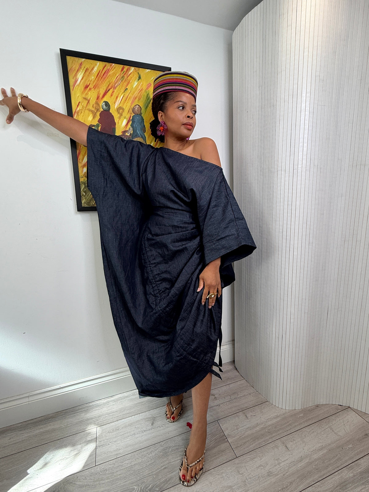 Mid weight Cotton blend denim drawstring dress one size