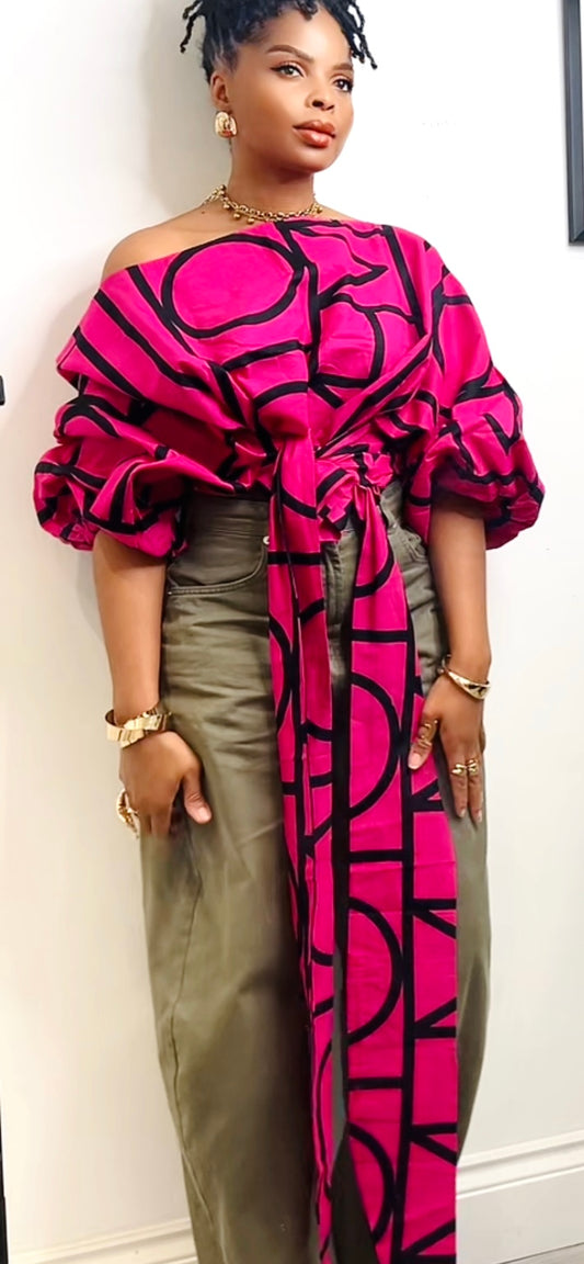 Pink African Print Off-Shoulder Crop Top: Asymmetric Balloon Sleeve Blouse size 1 UK 8-14