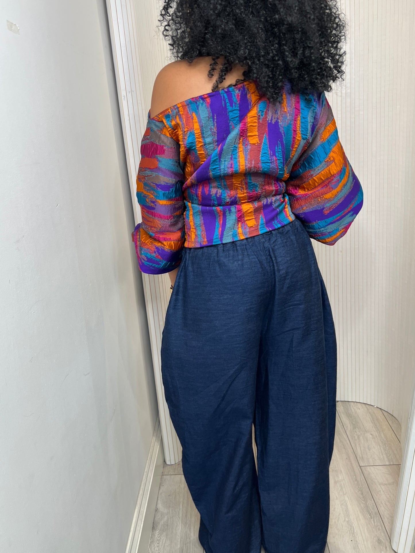 Multi metallic Jacquard Asymmetric Balloon Sleeve Blouse