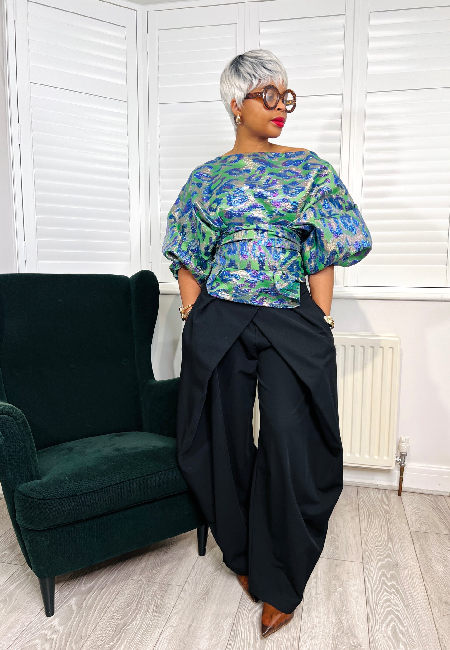 Blue green leopard metallic Jacquard Asymmetric Balloon Sleeve Blouse