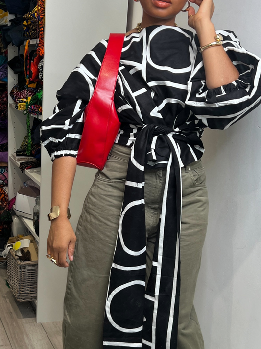 Black&white African Print Off-Shoulder Crop Top: Asymmetric Balloon Sleeve Blouse size 1 UK 8-14