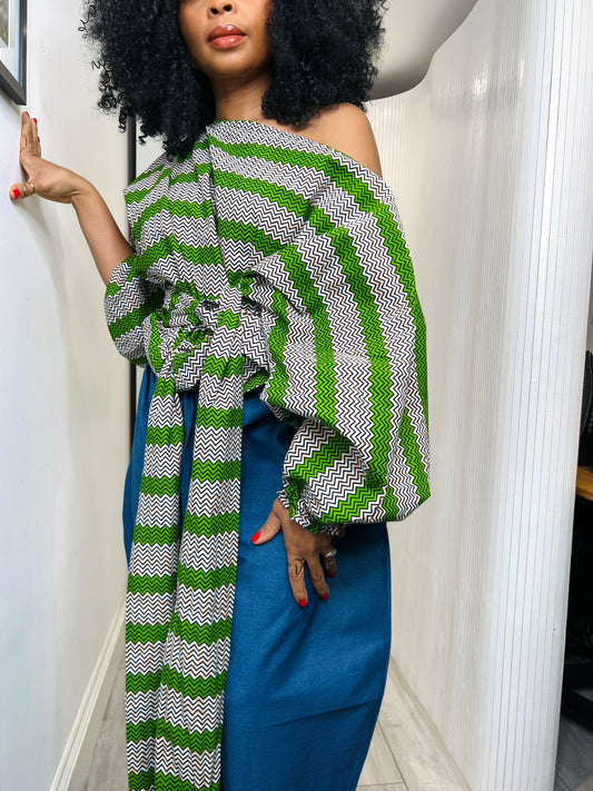 Green off shoulder tie waist wrap top