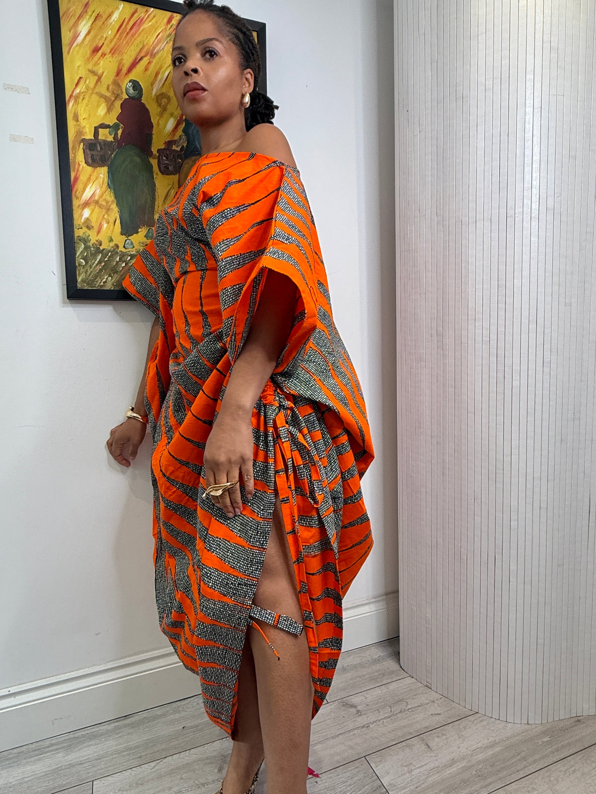 Orange white  cotton Ankara drawstring dress One size