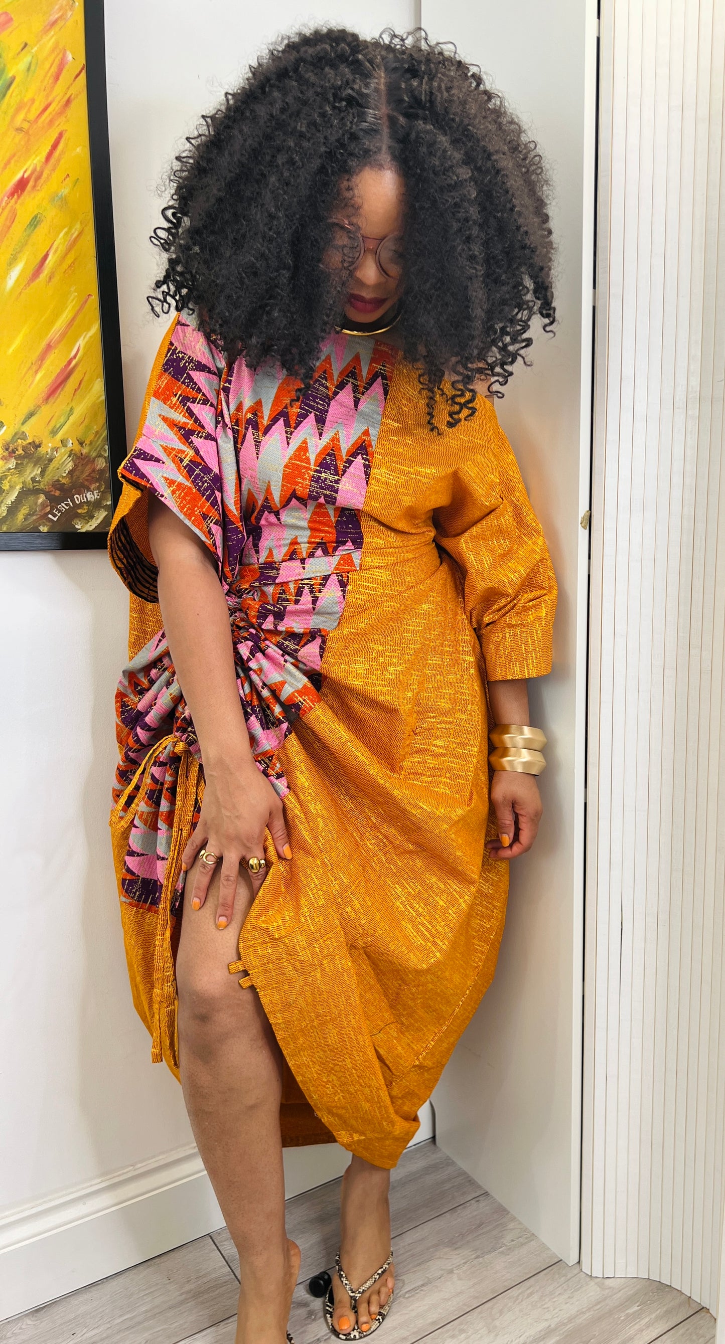 Embellished Orange and pink  drawstring bubu dress one size
